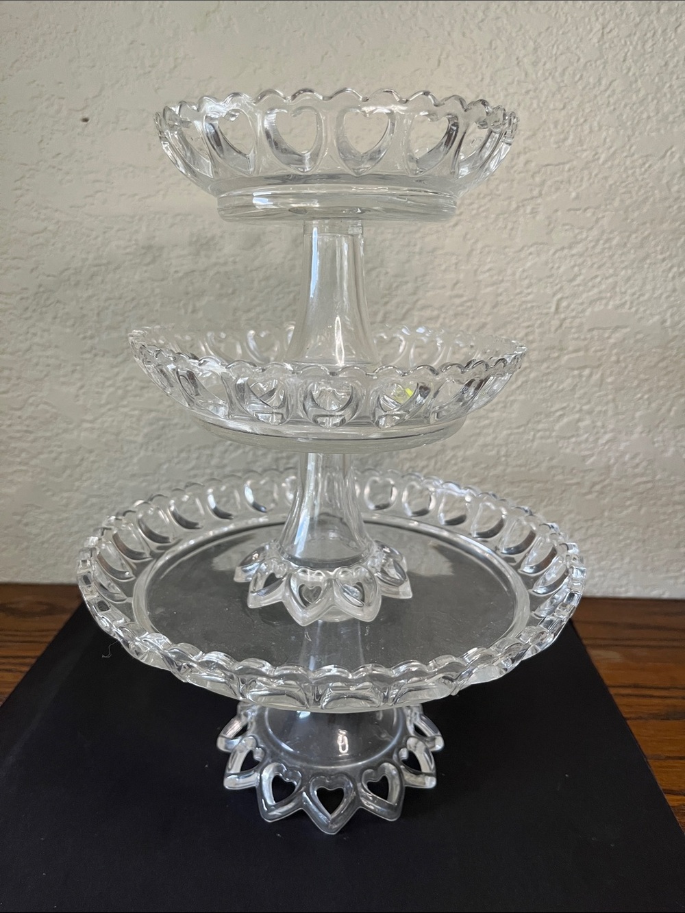 Vintage Clear Glass 3 Tier Heart Dessert Stand Pedestal Serving Tray